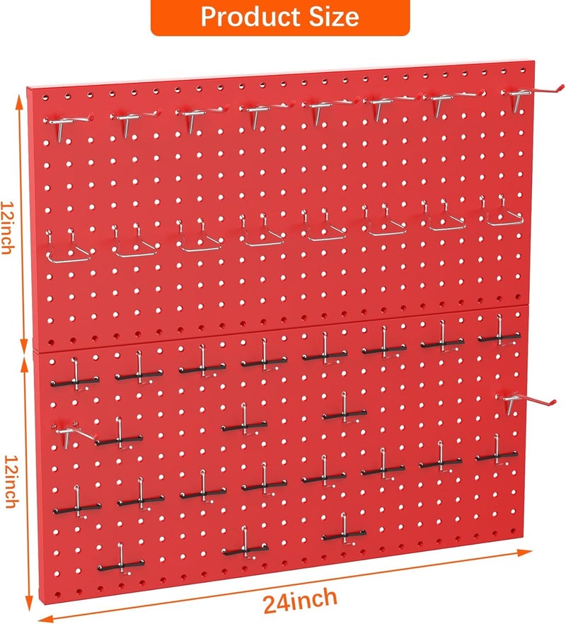 TORACK Metal Pegboard Wall Organizer 24" x 24" or 12" x 48", 70 PCS Tool Storage Pegboard for Garage Tool Organizer Board with Pegboard Hooks for Workbench(Red) - Image 3